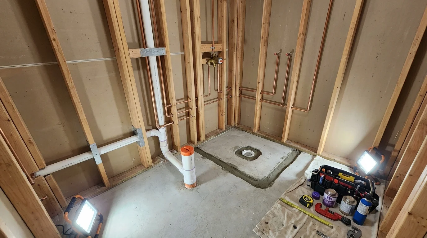 Bathroom rough-in plumbing during remodel by Johns Plumbing LLC in West Sand Lake