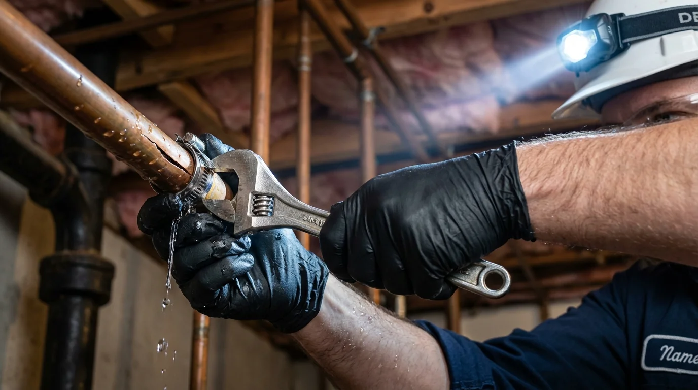 Emergency pipe clamp repair being performed by a Johns Plumbing LLC plumber in West Sand Lake