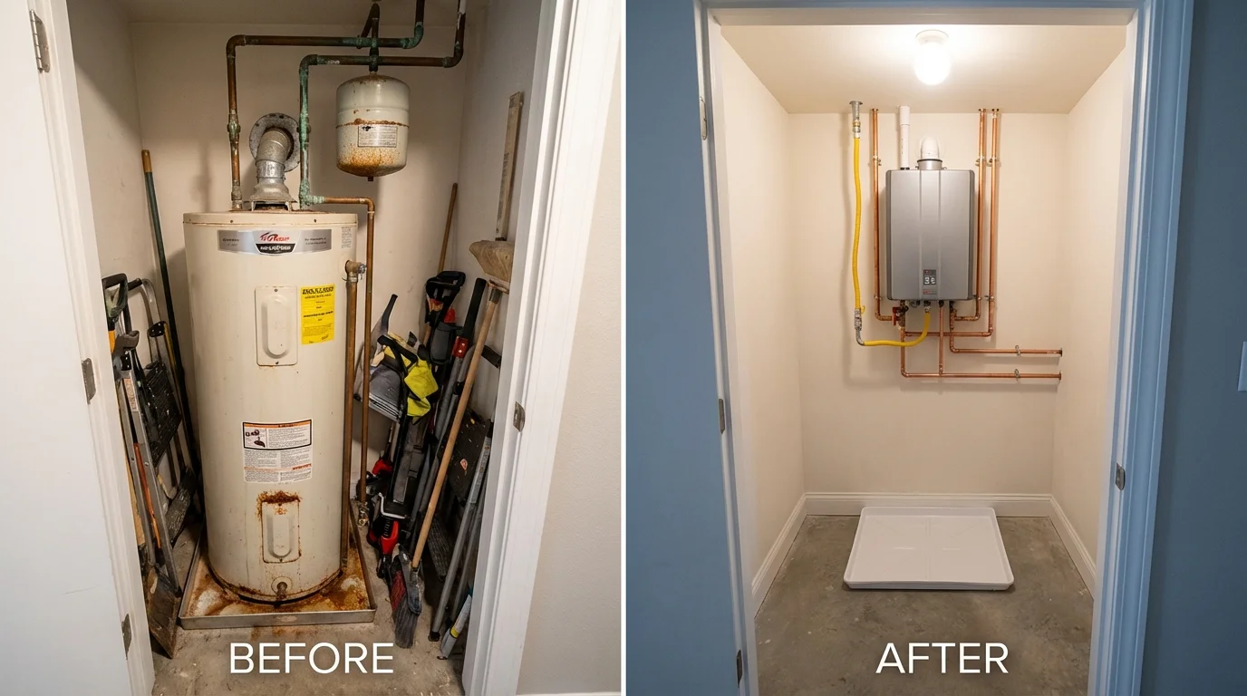 Tank water heater versus wall-mounted tankless unit comparison for West Sand Lake, NY homeowners