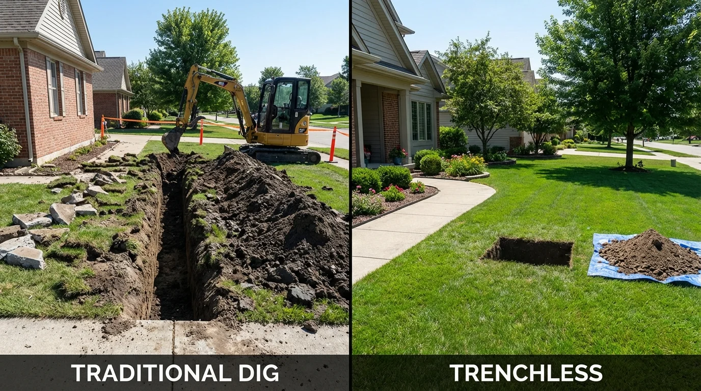 Trenchless sewer repair with minimal yard damage versus traditional excavation in West Sand Lake, NY