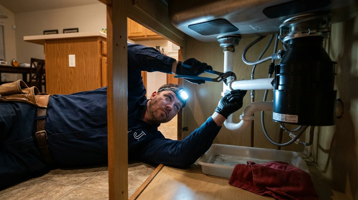 P-trap and supply line connections under a kitchen sink showing a common leak point in West Sand Lake, NY